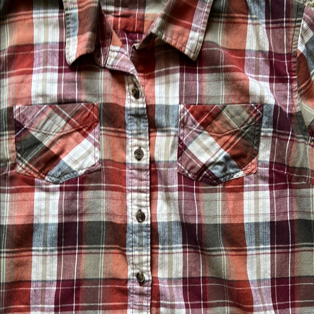 MERRELL Plaid Button Down 100% Cotton Women’s Large Burnt Orange Red Gray Pocket - Picture 4 of 11